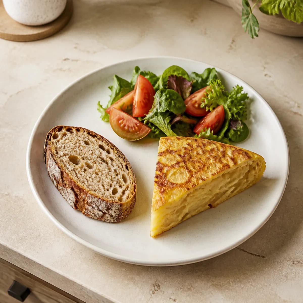 Spanish omelet with salad and bread